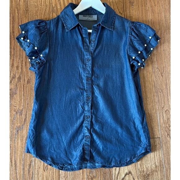 Inner Circle chambray denim ruffle pearl sleeve blouse s - Picture 2 of 9